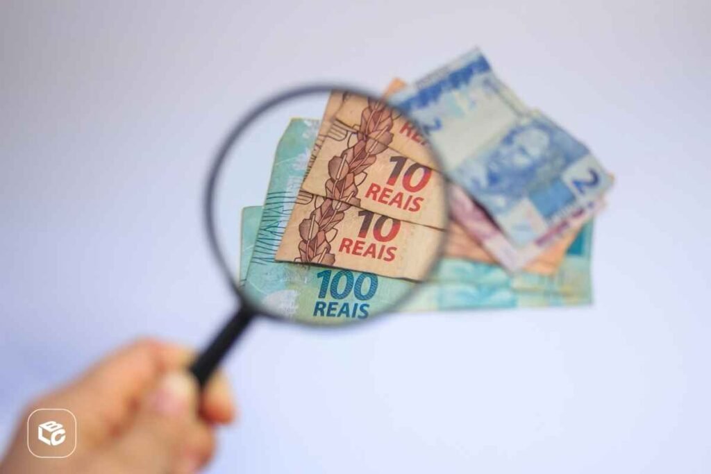 Mão segurando uma lupa em primeiro plano, ampliando cédulas de real espalhadas sobre uma superfície clara. Dentro da lente aparecem com destaque notas de R$10 e R$100, enquanto outras cédulas permanecem desfocadas ao redor. A imagem remete à análise, conferência ou avaliação de valores financeiros. Logotipo da empresa no canto inferior esquerdo.