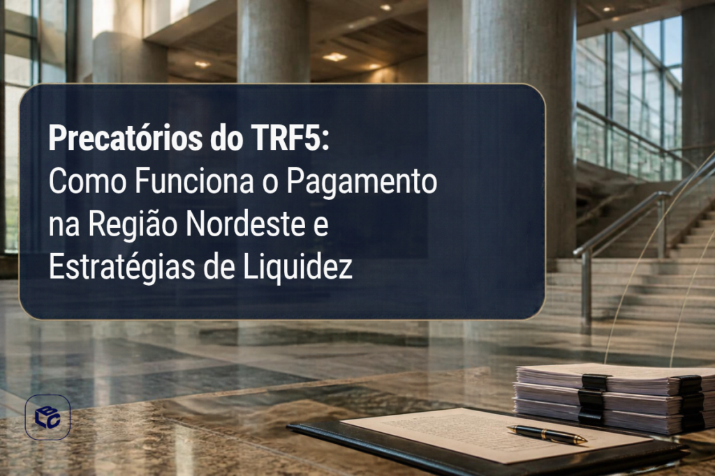 Imagem institucional sobre precatórios do TRF5. Em destaque, um painel azul semitransparente ocupa a parte central esquerda da composição, contendo o texto: “Precatórios do TRF5: Como Funciona o Pagamento na Região Nordeste e Estratégias de Liquidez”. Ao fundo, há o interior de um edifício de arquitetura moderna, com grandes colunas de concreto, paredes de vidro, piso polido refletivo e uma escadaria com corrimãos metálicos. No canto inferior direito, aparecem uma pasta executiva aberta com um documento, uma caneta e uma pilha organizada de processos ou documentos encadernados. No canto inferior esquerdo, há um ícone institucional. A paleta de cores combina tons de azul, cinza e bege, reforçando uma comunicação jurídica e financeira com aspecto profissional e corporativo.