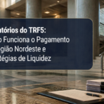 Imagem institucional sobre precatórios do TRF5. Em destaque, um painel azul semitransparente ocupa a parte central esquerda da composição, contendo o texto: “Precatórios do TRF5: Como Funciona o Pagamento na Região Nordeste e Estratégias de Liquidez”. Ao fundo, há o interior de um edifício de arquitetura moderna, com grandes colunas de concreto, paredes de vidro, piso polido refletivo e uma escadaria com corrimãos metálicos. No canto inferior direito, aparecem uma pasta executiva aberta com um documento, uma caneta e uma pilha organizada de processos ou documentos encadernados. No canto inferior esquerdo, há um ícone institucional. A paleta de cores combina tons de azul, cinza e bege, reforçando uma comunicação jurídica e financeira com aspecto profissional e corporativo.