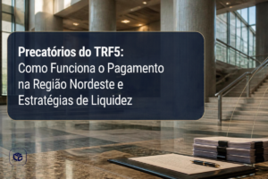 Imagem institucional sobre precatórios do TRF5. Em destaque, um painel azul semitransparente ocupa a parte central esquerda da composição, contendo o texto: “Precatórios do TRF5: Como Funciona o Pagamento na Região Nordeste e Estratégias de Liquidez”. Ao fundo, há o interior de um edifício de arquitetura moderna, com grandes colunas de concreto, paredes de vidro, piso polido refletivo e uma escadaria com corrimãos metálicos. No canto inferior direito, aparecem uma pasta executiva aberta com um documento, uma caneta e uma pilha organizada de processos ou documentos encadernados. No canto inferior esquerdo, há um ícone institucional. A paleta de cores combina tons de azul, cinza e bege, reforçando uma comunicação jurídica e financeira com aspecto profissional e corporativo.